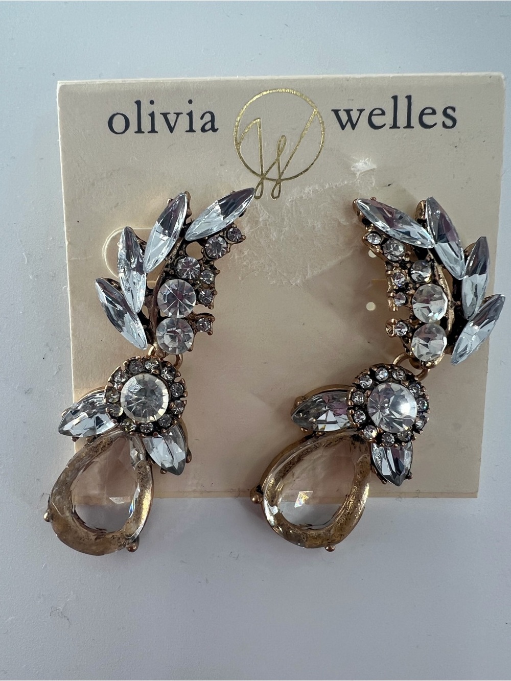 Olivia Welles Crystal Leaf Teardrop Earrings NWT Bridal Prom Statement Gold